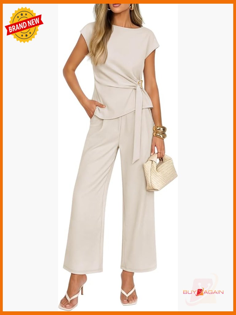 2 Piece Knit Set - Short Sleeve Top & Wide Leg Pants